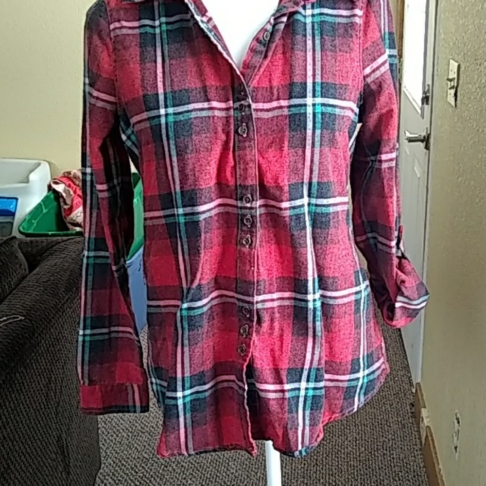Red plaid lace back button down